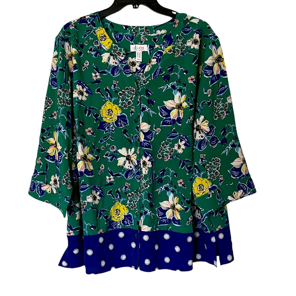 Green and blue floral and polka dot button down top